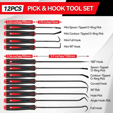 12 Piece Pick And Hook Tools Set Long And Mini Automotive Pick Set For O Ring Oil Seal And Gasket Removal With Non Slip Grip