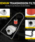 Diagram of All In One CVT Transmission Filter And Oil Pan Gasket Kit For Nissan with labeled parts on black background.