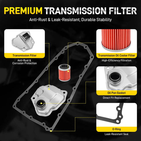 Diagram of All In One CVT Transmission Filter And Oil Pan Gasket Kit For Nissan with labeled parts on black background.