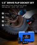 Five Piece One Half Inch Drive Lug Nut Socket Set With Impact Flip Sockets shown with tire and blue case