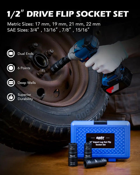 Five Piece One Half Inch Drive Lug Nut Socket Set With Impact Flip Sockets shown with tire and blue case