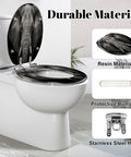 Elongated Monochrome portrait elephant Toilet Seat on a white toilet with a resin construction and stainless steel hinge.