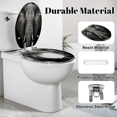 Elongated Monochrome portrait elephant Toilet Seat on a white toilet with a resin construction and stainless steel hinge.