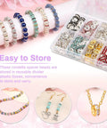 300 Pieces Rhinestone Spacer Beads Set In 10 Colors, 10mm crystal bead spacers displayed with jewelry examples and storage box
