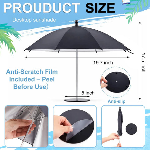 Cool Little Mini Drink Umbrella With Weighted Base, desktop table sunshade showing 19.7 inch canopy, iron frame, anti-scratch base.