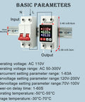 Badass Smart Circuit Breaker Adjustable Voltage Protector 110V 63A High Current Capacity for Heavy Duty Appliance showing parameters and dimensions.