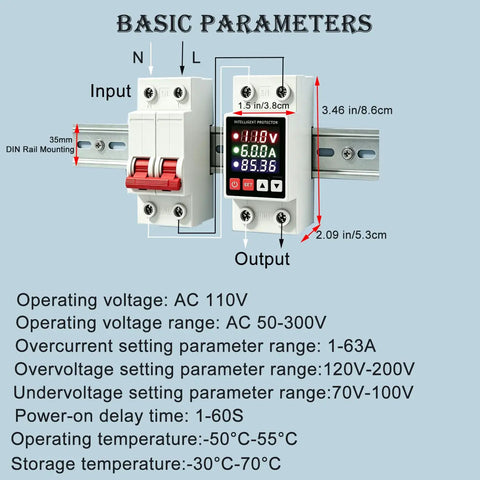 Badass Smart Circuit Breaker Adjustable Voltage Protector 110V 63A High Current Capacity for Heavy Duty Appliance showing parameters and dimensions.