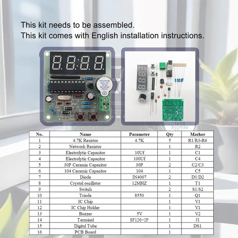 Hands On Soldering Practice Kit For A 4 Bit Clock Project With DIY Electronics Kit Included Alarm Countdown Stopwatch Functions And Clear English Instructions For Beginners And Hobbyists. Components and assembly instructions visible.