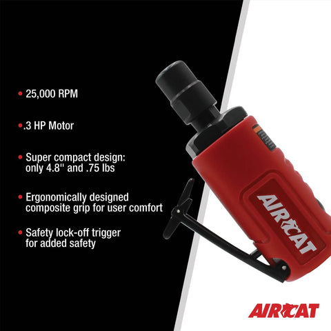 Legit.3 Hp Mini Straight Die Grinder With 25000 Rpm Air Powered Motor, compact design, safety lock-off trigger, ergonomic grip.