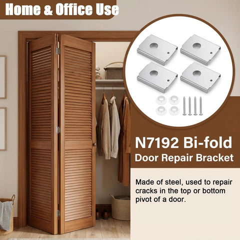 Beefy Stainless Steel Bi Fold Door Repair Kit for 1-3/8 Inch Wood Doors with hardware and brackets shown next to a closet door.