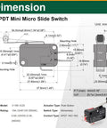 Detailed diagram of SPDT Mini Micro Slide Switch V-156-1C25 with dimensions and specifications for industrial automation.