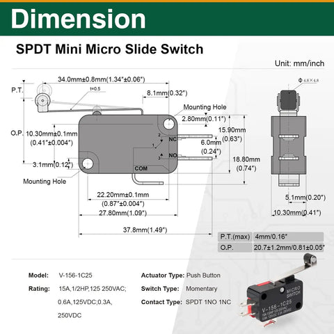 Detailed diagram of SPDT Mini Micro Slide Switch V-156-1C25 with dimensions and specifications for industrial automation.