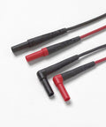 Deluxe Electronic Test Lead Kit with 2.6m Leads Red Black Green Probes showing angled red and black probe connectors for easy setup.