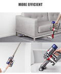 Three images showing a Dyson V8 vacuum with 8000mAh Replacement Battery For Dyson V8 Vacuum Cleaner Series cleaning a couch, ceiling, and mattress.