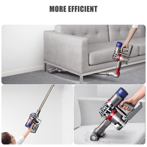 Three images showing a Dyson V8 vacuum with 8000mAh Replacement Battery For Dyson V8 Vacuum Cleaner Series cleaning a couch, ceiling, and mattress.