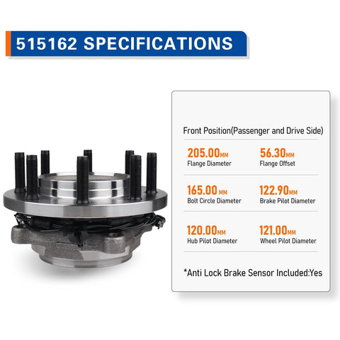 Front Wheel Hub And Bearing Assembly For 2014-2018 Ram 2500 And 2013-2018 Ram 3500 With ABS 8 Lug Front Position Driver Or Passenger Side