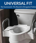 Bolt On Four And A Half Inch Raised Toilet Seat With Sturdy Support Handles No Wobble Hinges That Stay Tight fits round and elongated toilets.