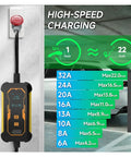 Premium Portable EV Charger 22KW 32A Three Phase Type 2 EVSE with WiFi APP Control showing charging specifications on display.