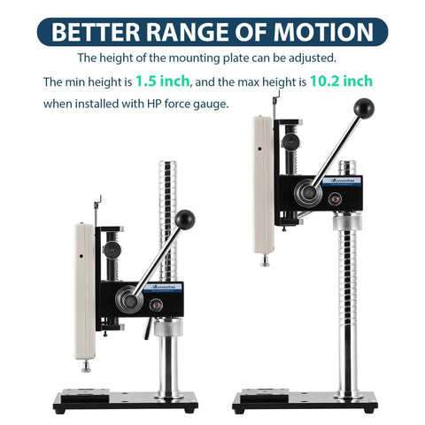 Beefy Digital Force Gauge With Lever Operated Test Stand, 70mm Stroke, Adjustable Mounting Plate From 3.9 To 12.6 Inches And Gauge Bottom Height From 1.5 To 10.2 Inches, HPB Precision Testing Tool For Serious Accuracy, lever stand height range shown