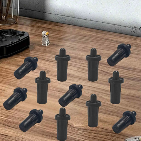 Built Tough Spring Loaded Cabinet Door Repair Pins With Iron Core, Black Plastic Damper Replacement Fittings For Telescopic Panels And Blinds, 24 Pack Quick No Sweat Furniture Fix Kit displayed on a wooden table.