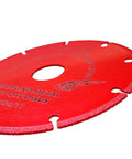 Close-up of red 4-1/2 Inch Diamond Cutting Wheel For Angle Grinder Dry Cut Metal Cut Off Up To 100X Longer Life Than Standard Discs 7/8 Inch Arbor 3 Pack