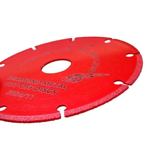 Close-up of red 4-1/2 Inch Diamond Cutting Wheel For Angle Grinder Dry Cut Metal Cut Off Up To 100X Longer Life Than Standard Discs 7/8 Inch Arbor 3 Pack