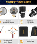 Cup Holder Golf Cart Heater With Control Valve And 6200 BTU Portable Propane Outdoor Heater With Windproof USB Lighter For Most Golf Carts EZGO Yamaha And Club Car Propane Tank Not Included, showing parts including die cast aluminum burner, cup holder, USB windproof lighter, storage bag.