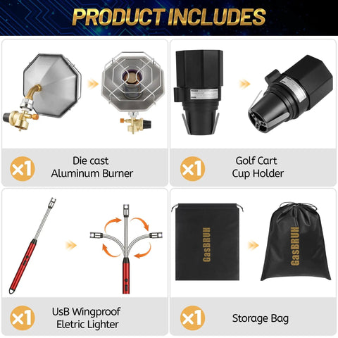 Cup Holder Golf Cart Heater With Control Valve And 6200 BTU Portable Propane Outdoor Heater With Windproof USB Lighter For Most Golf Carts EZGO Yamaha And Club Car Propane Tank Not Included, showing parts including die cast aluminum burner, cup holder, USB windproof lighter, storage bag.