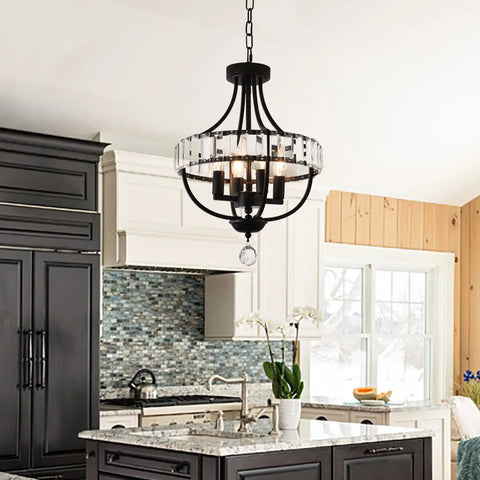 Crystal Farmhouse Chandelier In Black Rustic Finish Four Light Flush Mount Ceiling Light For Dining Room Kitchen Foyer Hallway Entryway Bedroom Closet With Dope Crystal Accents And Warm Ambient Glow For A Cozy Modern Rustic Vibe.