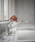Chrome Jolt Swing Spout With Integrated Side Spray, Go-To Heavy-Duty Metal Faucet For Deck Mounted Widespread 2-Hole Install
