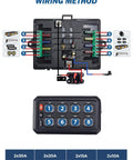Wiring diagram for Wireless RGB 8 Gang Switch Panel With 5 Level Brightness For Offroad Lighting Control 12 To 24V DC 80A Max.