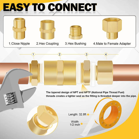 90 Piece Brass NPT Pipe Fittings Kit With Hex Couplings And Reducing Bushings One Eighth To One Half Inch Male To Female Adapters
