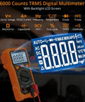 6000 Count Digital Multimeter with TRMS Auto Range and NCV, showing backlit LCD screen and measurement functions, in use.