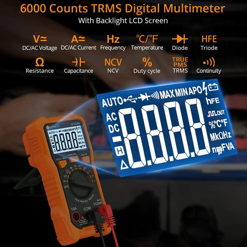 6000 Count Digital Multimeter with TRMS Auto Range and NCV, showing backlit LCD screen and measurement functions, in use.