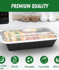 32 Oz Meal Prep Containers Set, 50 Pack Reusable Food Storage Pans With Easy Open Lids, Sturdy Leakproof And Food Safe For Microwave, Freezer, And Dishwasher, Perfect For Takeout, Lunches, And Leftovers, Black on kitchen counter