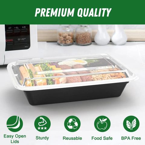 32 Oz Meal Prep Containers Set, 50 Pack Reusable Food Storage Pans With Easy Open Lids, Sturdy Leakproof And Food Safe For Microwave, Freezer, And Dishwasher, Perfect For Takeout, Lunches, And Leftovers, Black on kitchen counter