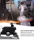 Pro Grade Angle Grinder Stand With Adjustable Bracket And Dust Collection Desktop Workshop Tool Featuring Linear Guide Rails For Precise Straight And 45 Degree Cuts Multipurpose Grinding Table For Home Shops And Garages shown in use with sparks flying