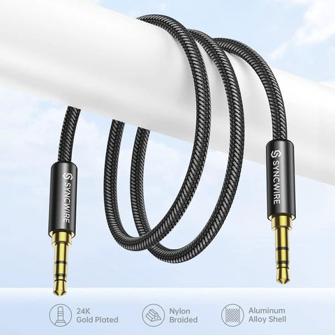 Nylon Braided 3.5mm Aux Cable 3.3ft 1m HiFi Sound With Dope Tangle Free Build For Headphones Car Stereos Home Speakers And Any 3.5mm Device Like iPhone iPad iPod Echo And More, gold-plated plugs