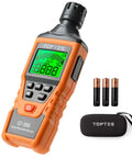 Portable Carbon Monoxide Detector With Audible And Visual Alarm And Backlit LCD For Home Car Camping And Travel Zero To Five Thousand PPM Includes Batteries And Carrying Case Orange, showing front view with LCD, batteries, and case