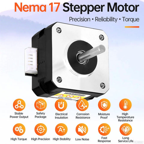 NEMA 17 stepper motor front view with silver faceplate, black housing, protruding shaft, 4-pin connector