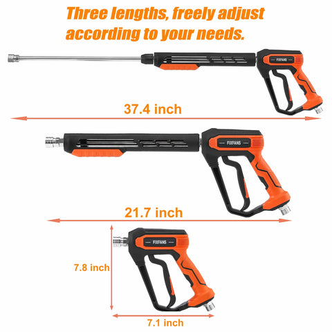 Beast Mode 5000 PSI Pressure Washer Gun Kit with Replacement Wand Extension showing three adjustable lengths and measurements.
