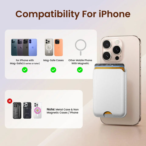 Stronger Magnetic Wallet For iPhone 12 To 17 With MagSafe Compatibility shown attached to a phone with compatibility details