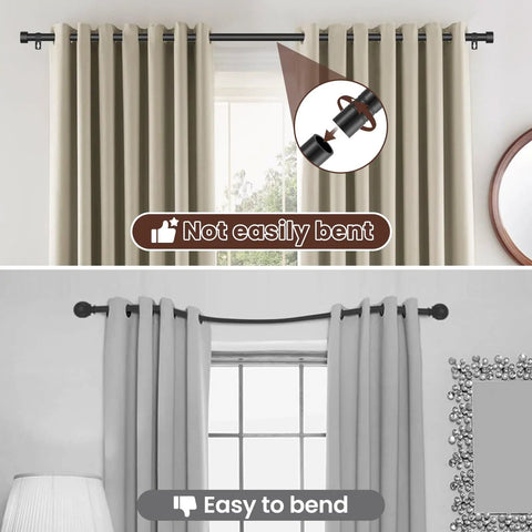 Comparison of Beefy Heavy Duty Black Curtain Rod Set 28 To 48 Inch with another bending rod, showcasing rustproof metal durability.