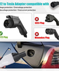 Rugged SAE J1772 To Tesla Charging Adapter 60 Amp 250V AC Electric Vehicle Plug And Play Backup Connector For Model 3 Y S X, showing plug compatibility.