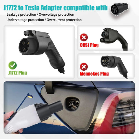 Rugged SAE J1772 To Tesla Charging Adapter 60 Amp 250V AC Electric Vehicle Plug And Play Backup Connector For Model 3 Y S X, showing plug compatibility.
