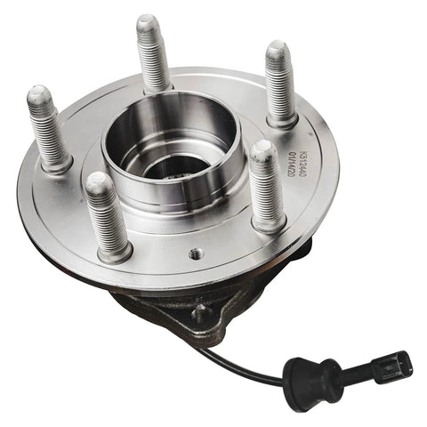 Rear Wheel Bearing Hubs Kit For 2010 2011 2012 2013 2014 2015 2016 2017 Chevy Equinox And GMC Terrain 2 Pack Replacement Assembly For Rear Left And Right 5 Bolt Hubs, close-up of hub with 5 bolts and wiring