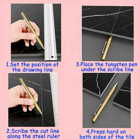 Step-by-step guide using a tungsten pen for cutting glass tiles with Pro Grade Glass Cutting Tool Set Kit.