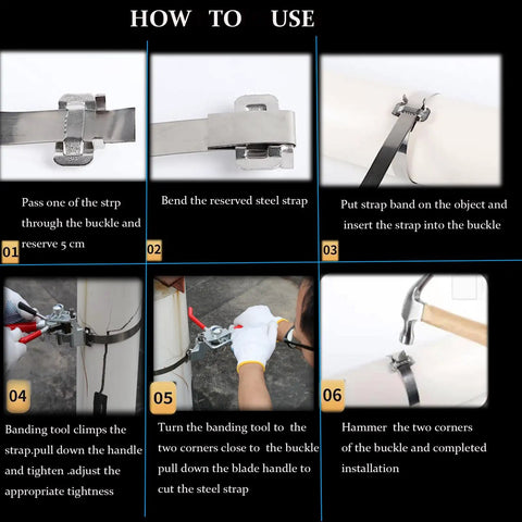 How to use Heavy Duty Steel Banding Strapping Kit with integrated tensioner and buckle installation steps