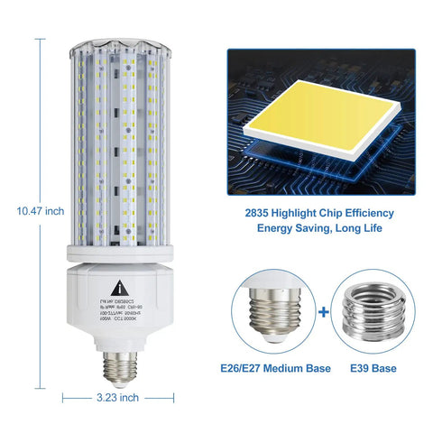 Ultra Bright 100W LED Corn Light Bulb 15000 Lumens 5000K Cool White E26 And E39 Base with dimensions and chip efficiency
