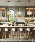 Modern Farmhouse Striped Glass Pendant Light For Kitchen Island And Dining Room, Green Ceiling Fixture With Gold Socket in kitchen